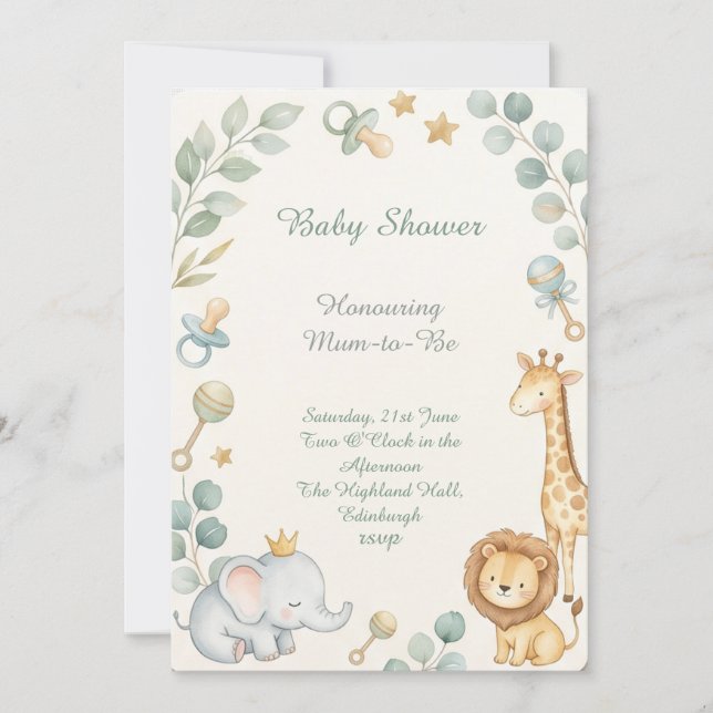 Invitation Baby Shower Animaux de la Forêt (Devant)
