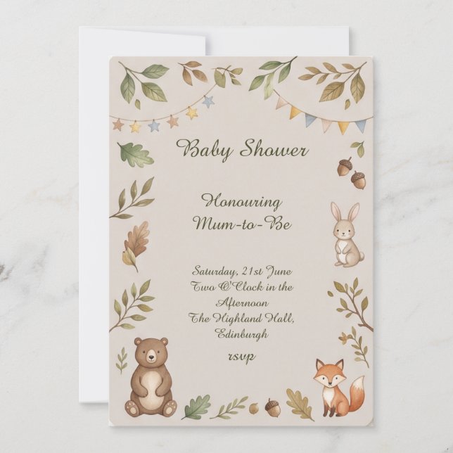 Invitation Baby Shower Animaux de la Forêt (Devant)