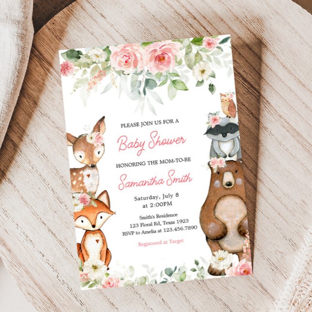Invitation Baby Shower Animaux de la Forêt Fleurie (Floral Woodland Baby Shower Invitation)