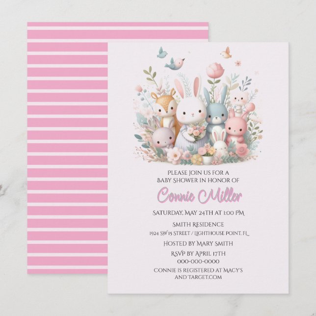 Invitation Baby Shower Animaux de la Forêt Rose Pastel (Devant / Derrière)
