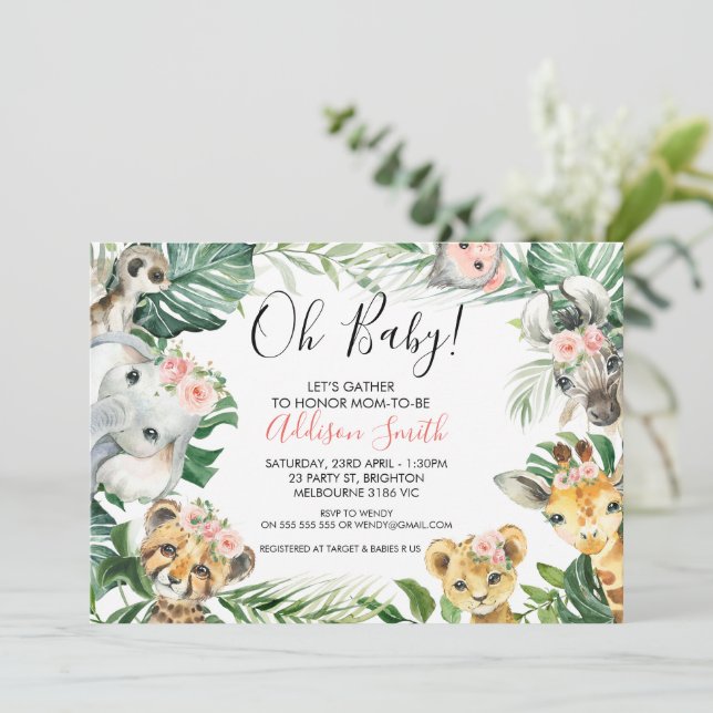 Invitation Baby Shower Animaux de Safari Fleuris Rose (Debout devant)