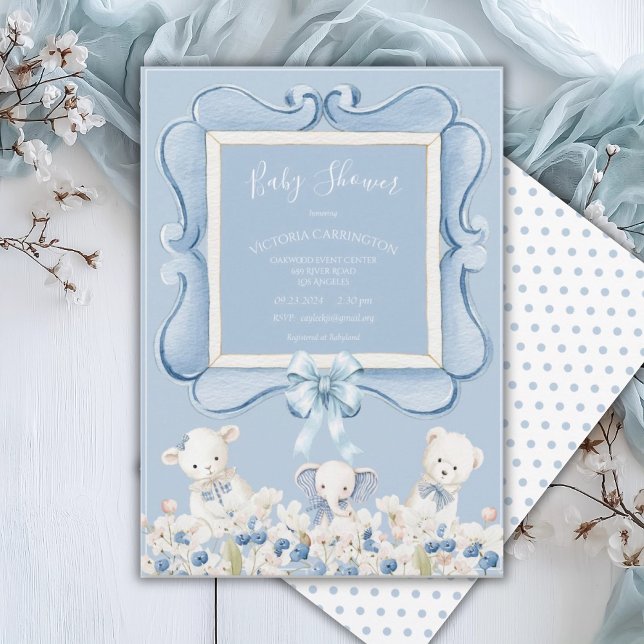 Invitation Baby Shower Animaux Floral Vintage Bleu (Créateur téléchargé)