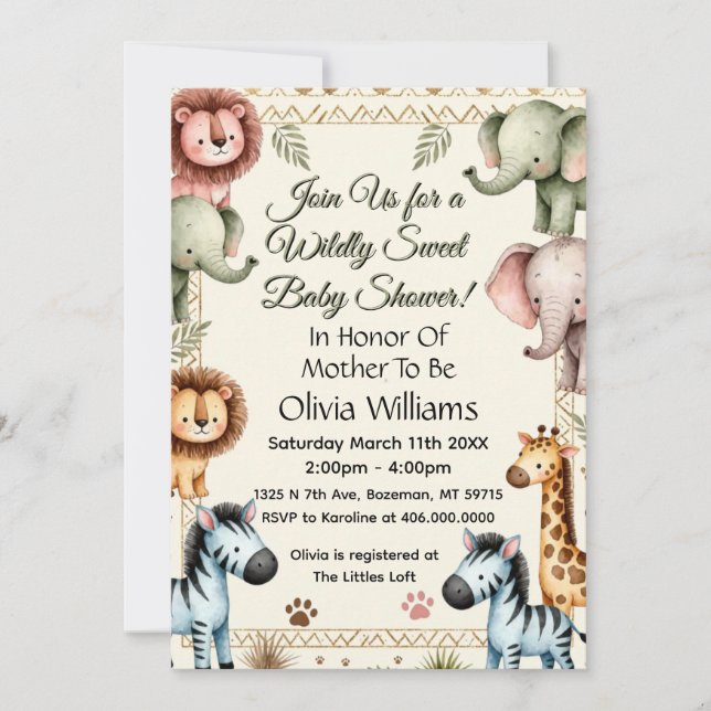 Invitation Baby Shower Animaux Mignons de Safari (Devant)