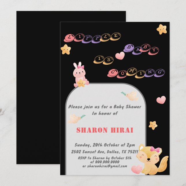 Invitation Baby shower Animaux mignons - Noir (Devant / Derrière)