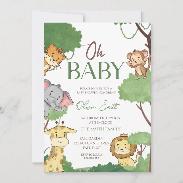 Invitation Baby shower Animaux Safari mignons (Devant)