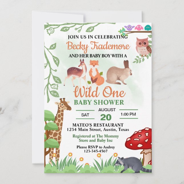 Invitation Baby Shower Animaux Sauvages Rustiques (Devant)