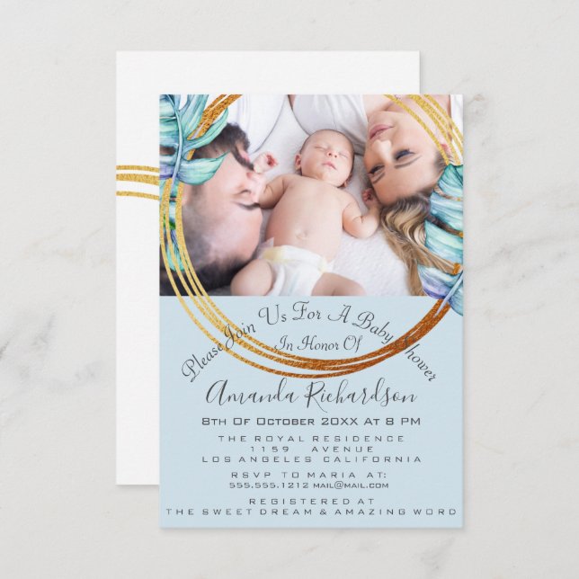Invitation Baby shower Anniversaire Photo Pastel Blue Wreath (Devant / Derrière)