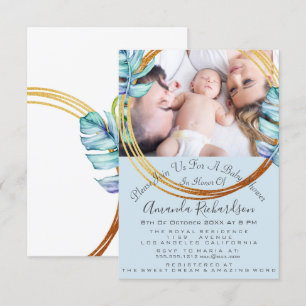 Invitation Baby shower Anniversaire Photo Pastel Blue Wreath