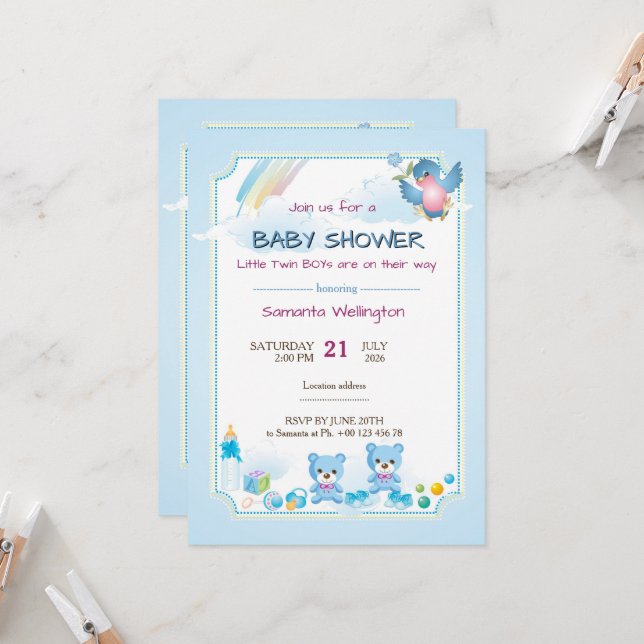 Invitation baby shower announcement for TWIN BOYs (Devant/Arrière en situation)