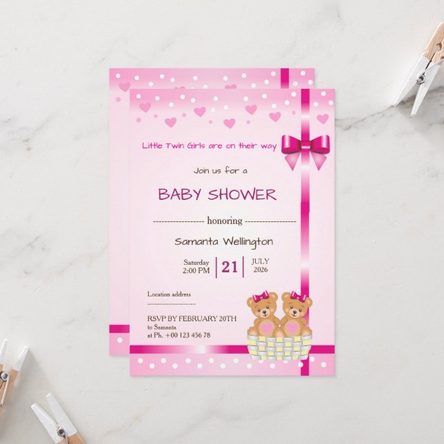 Invitation baby shower announcement for TWIN Girls (Devant/Arrière en situation)