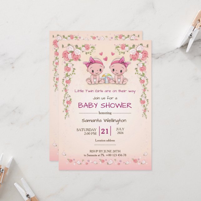 Invitation baby shower announcement for TWIN Girls (Devant/Arrière en situation)