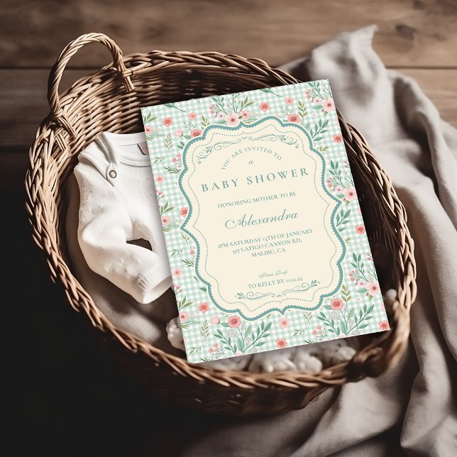 Invitation Baby-Shower Antique à Fleurs en Bordure Ondulée (Créateur téléchargé)
