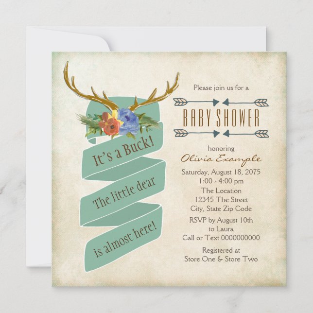 Invitation Baby shower Antler aux cerfs de bois vintage (Devant)