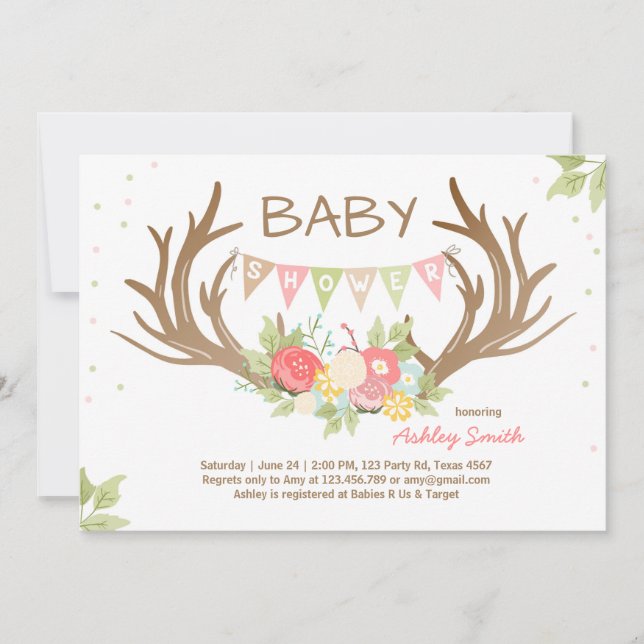 Invitation Baby shower Antler Deer Bois Floral (Devant)