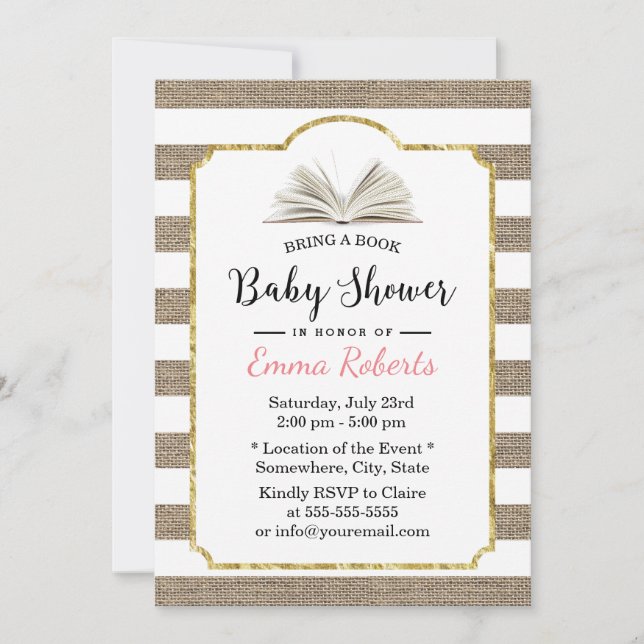 Invitation Baby shower Apporter une demande de livre Burlap S (Devant)