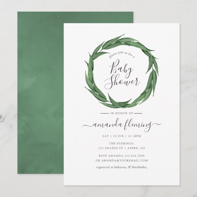 Invitation Baby-Shower aquarelle avec verdure (Devant / Derrière)