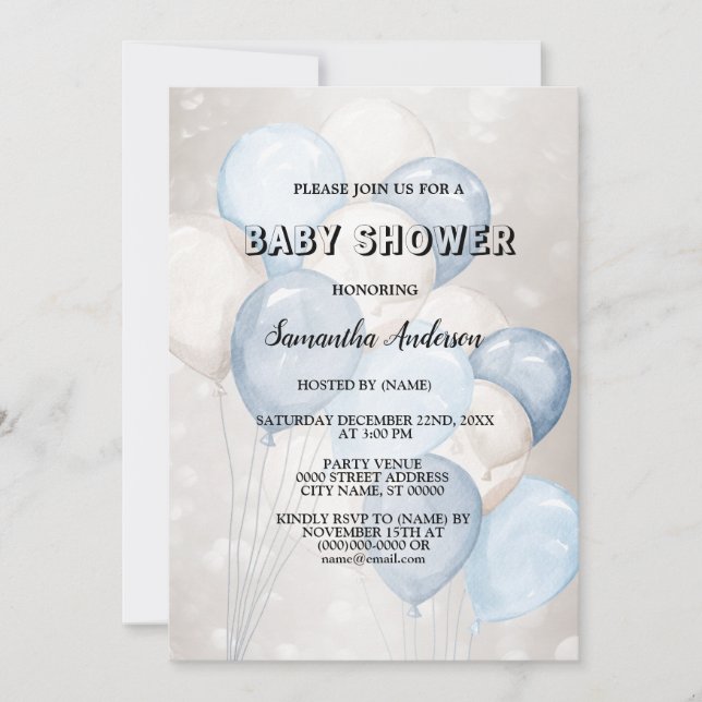Invitation Baby shower Aquarelle Bleu Bleu Blancs (Devant)