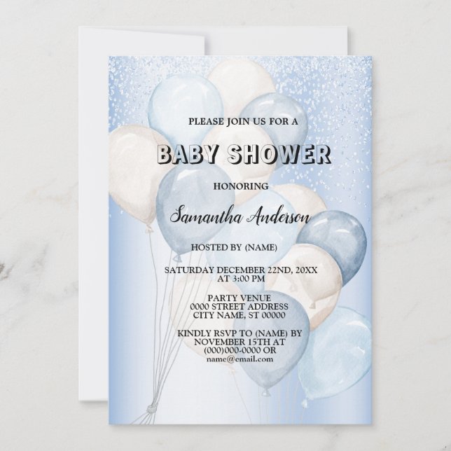 Invitation Baby shower Aquarelle Bleu Bleu Blancs (Devant)