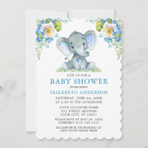 Invitation Baby shower Aquarelle Bleu Floral Eléphant