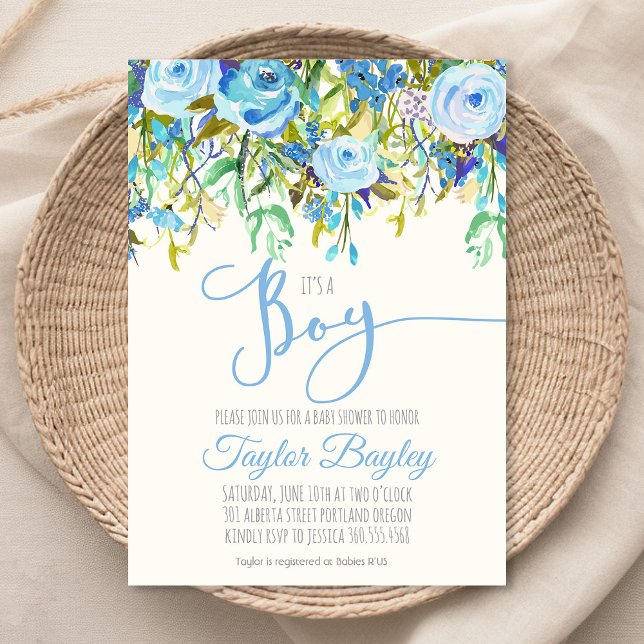 Invitation Baby shower aquarelle | Bleu garçon (Créateur téléchargé)