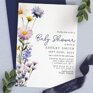 Invitation Baby Shower aquarelle bohème à la fleur bleue sauv