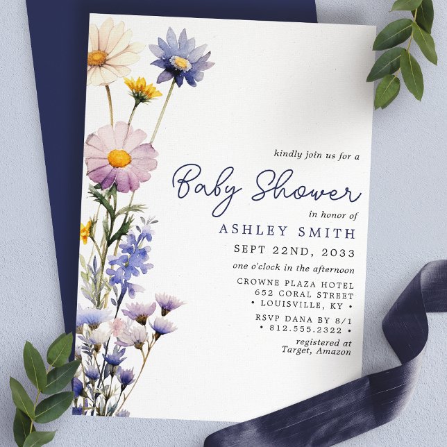 Invitation Baby Shower aquarelle bohème à la fleur bleue sauv (Créateur téléchargé)
