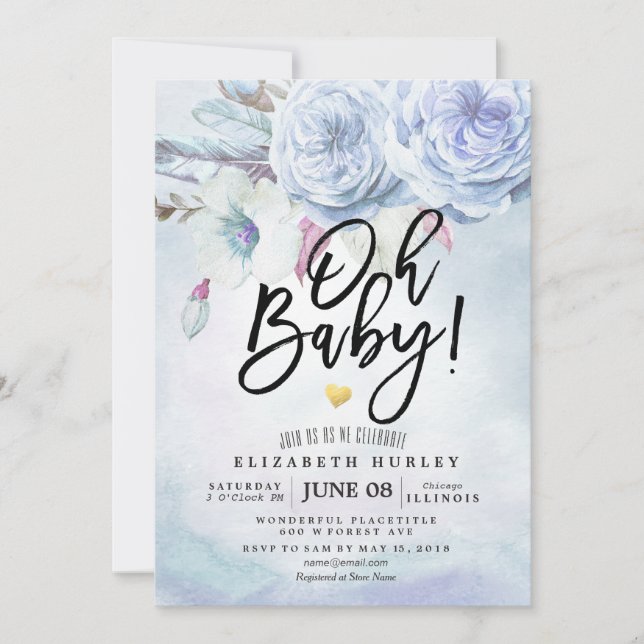 Invitation Baby shower Aquarelle Bohème Fleurs & Plumes (Devant)