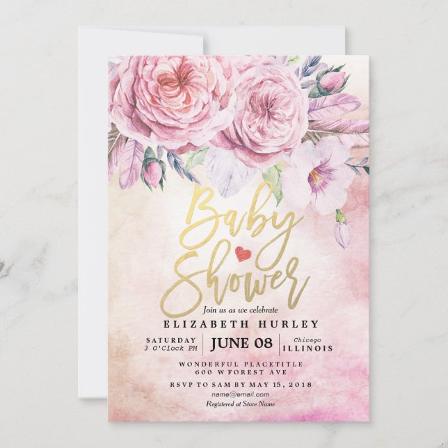Invitation Baby shower Aquarelle Bohème Fleurs & Plumes (Devant)