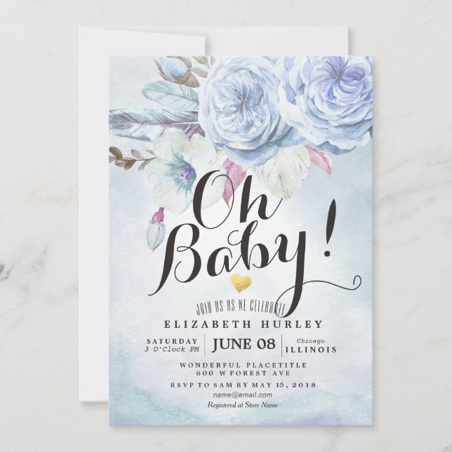 Invitation Baby shower Aquarelle Bohème Fleurs & Plumes (Devant)