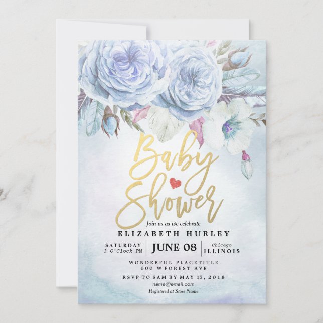 Invitation Baby shower Aquarelle Bohème Fleurs & Plumes (Devant)