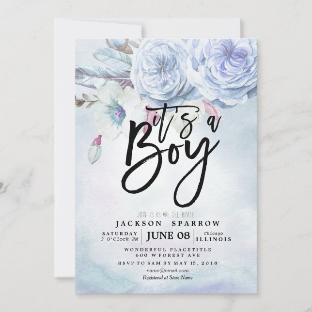Invitation Baby shower Aquarelle Bohème Fleurs & Plumes (Devant)