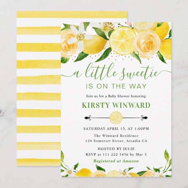 Invitation Baby Shower Aquarelle Citrons et Fleurs (Devant / Derrière)