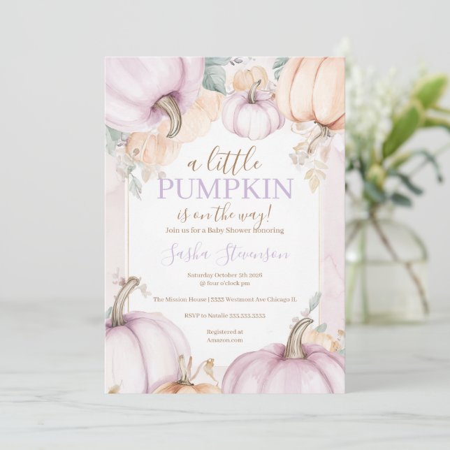 Invitation Baby shower aquarelle citrouille violette d'automn (Debout devant)