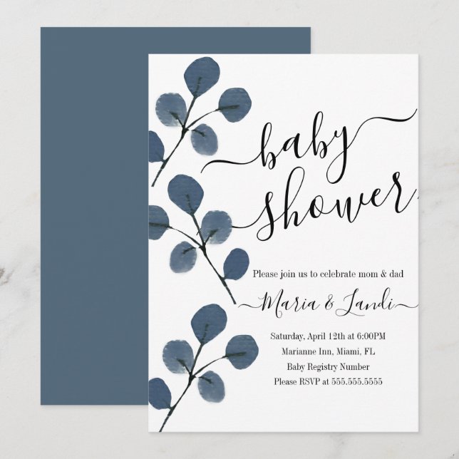 Invitation Baby Shower aquarelle Eucalyptus Bleu Script (Devant / Derrière)