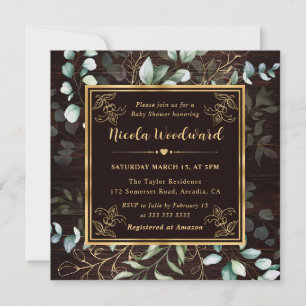 Invitation Baby Shower aquarelle Eucalyptus et cadre doré