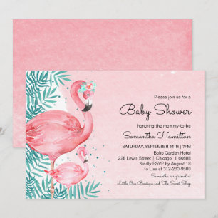 Invitation Baby-Shower aquarelle flamant rose et feuilles tro