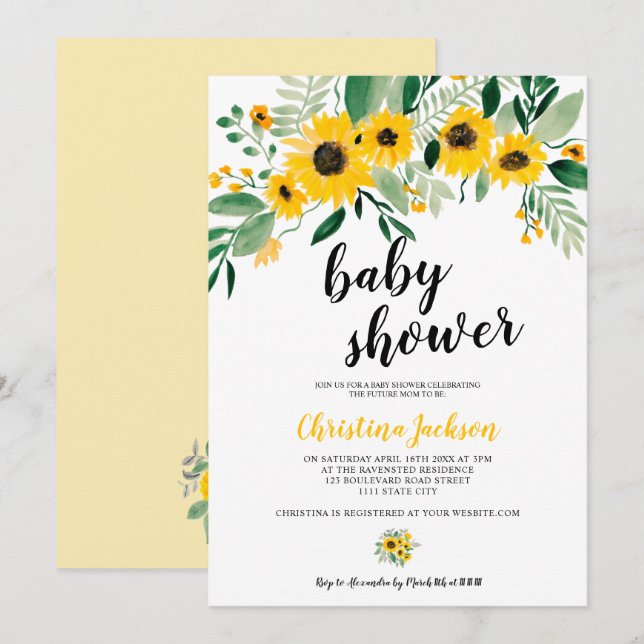 Invitation Baby shower aquarelle floral tournesol rustique (Devant / Derrière)