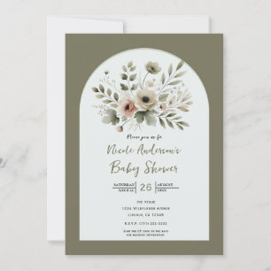Invitation Baby shower aquarelle floral vert olive kaki