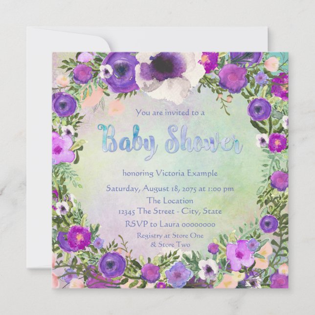 Invitation Baby-Shower aquarelle florale (Devant)