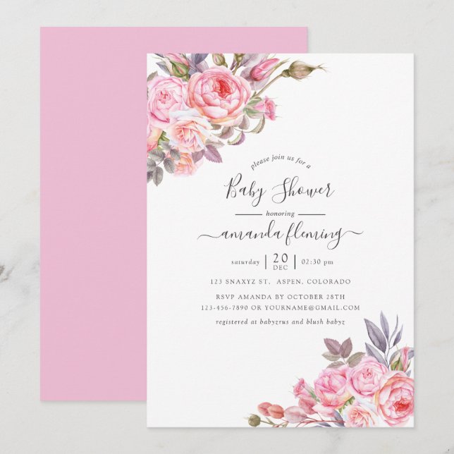 Invitation Baby shower aquarelle florale rose (Devant / Derrière)