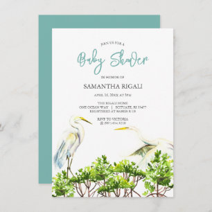 Invitation Baby shower Aquarelle Heron blanc Mangroves