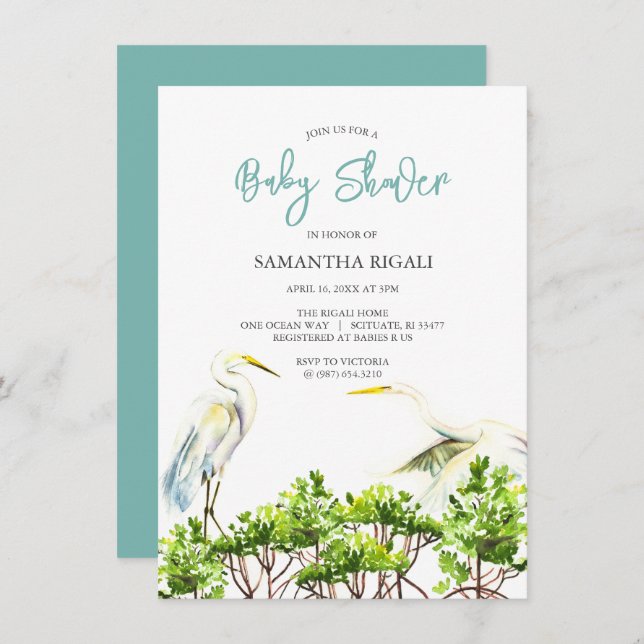 Invitation Baby shower Aquarelle Heron blanc Mangroves (Devant / Derrière)