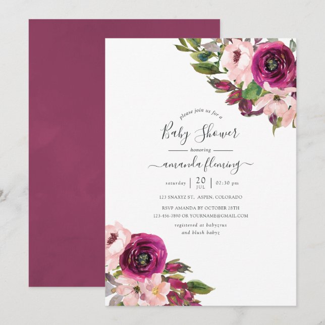 Invitation Baby Shower aquarelle Marsala et rose (Devant / Derrière)