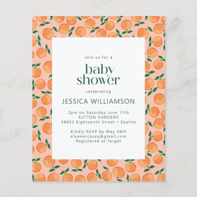 Invitation Baby Shower aquarelle Oranges Fruits Ét (Devant)