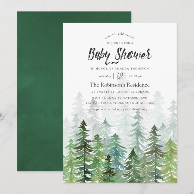 Invitation Baby shower Aquarelle Pine Trees (Devant / Derrière)
