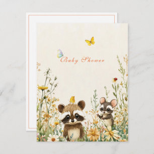 Invitation Baby shower Aquarelle Racoon Souris Papillons