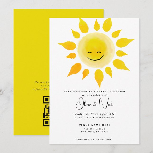 Invitation Baby Shower - Aquarelle Rayon de Soleil (Devant / Derrière)