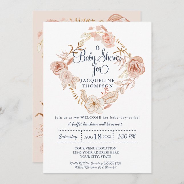 Invitation Baby shower Aquarelle rose pâle Verdure florale (Devant / Derrière)