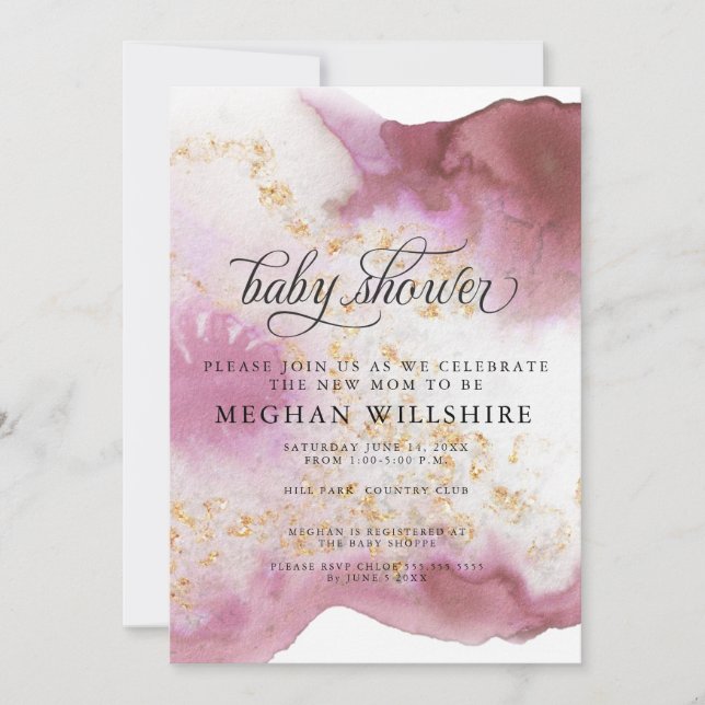 Invitation Baby shower aquarelle Rose quartz or Géode (Devant)