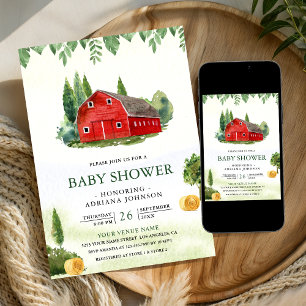 Invitation Baby Shower aquarelle rustique rouge de la ferme d